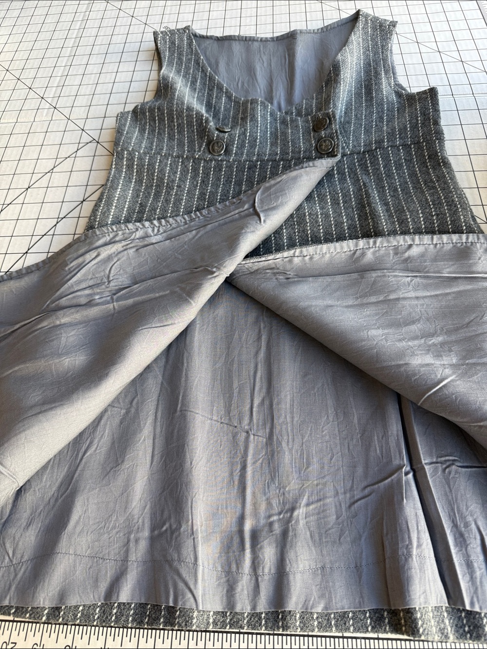 Gray Wool Pinstripe Jumper Tunic Pinafore Thistle Buttons Lined A-Line XS S - Picture 4 of 16